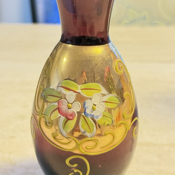 Bohemian Amethyst Purple Glass Vase With Enamel Flowers & 24K Gold - Picture 2 of 5